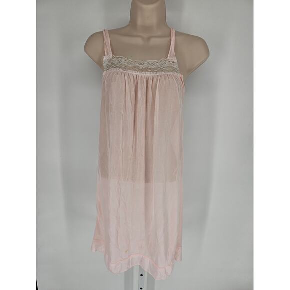 Vintage 1970s Womens Sz M Light Pink Nylon Nightgown w/ Lace Trim - Picture 1 of 3